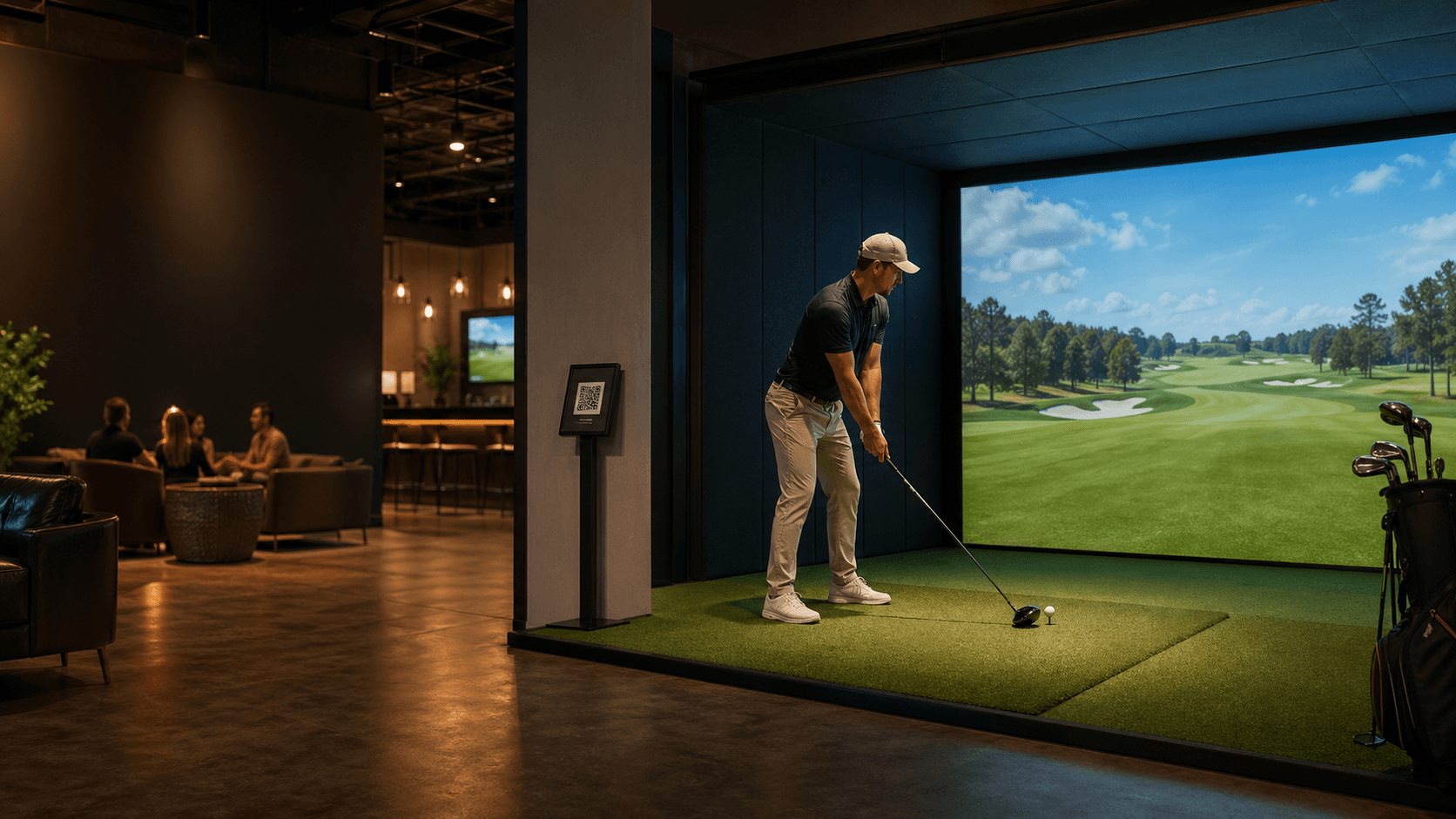 Indoor golf simulator bay for a Pin2Win challenge